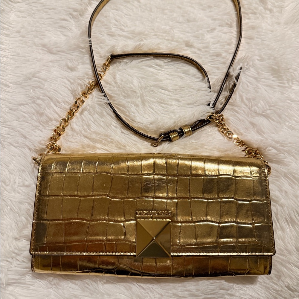 Michael Kors Metallic Gold Croc-Embossed Crossbody Bag - Picture 2 of 10